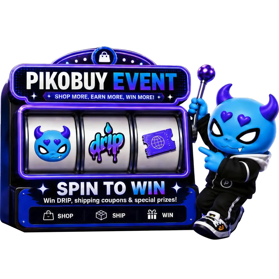 Pikobuy mascot pointing at a slot-machine style event board with mascot, drip sticker and ticket reels